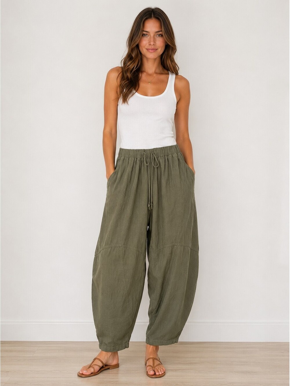TARSE Linen Blend Balloon Barrel Pants Olive Green Drawstring Elastic Waist